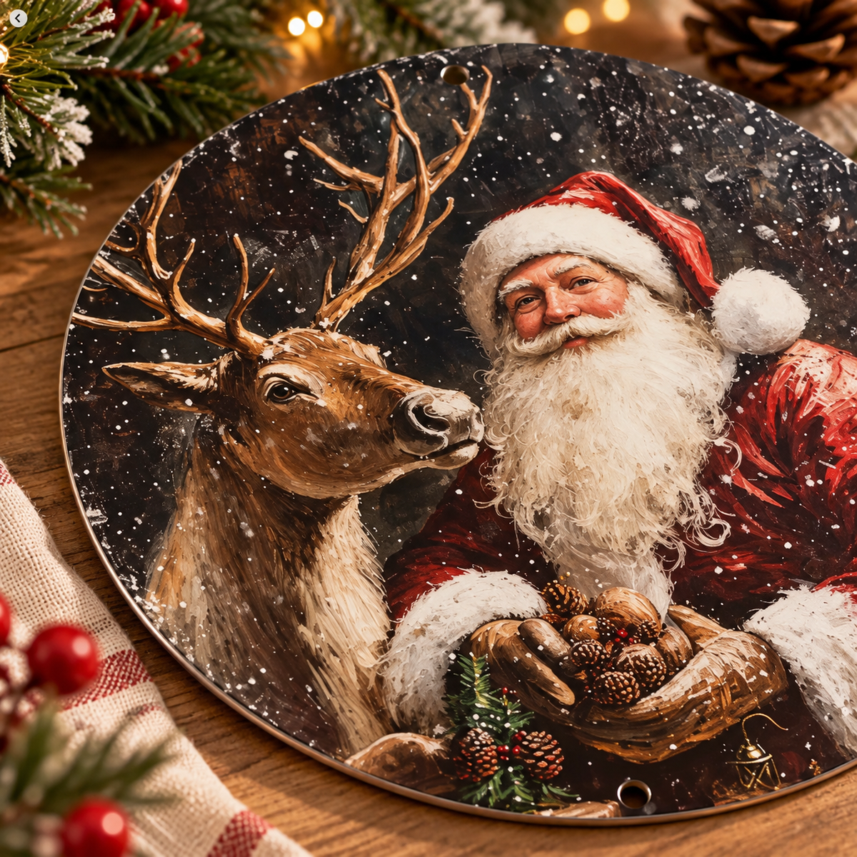 Close-up of vintage Santa and reindeer artwork on the round aluminum sign