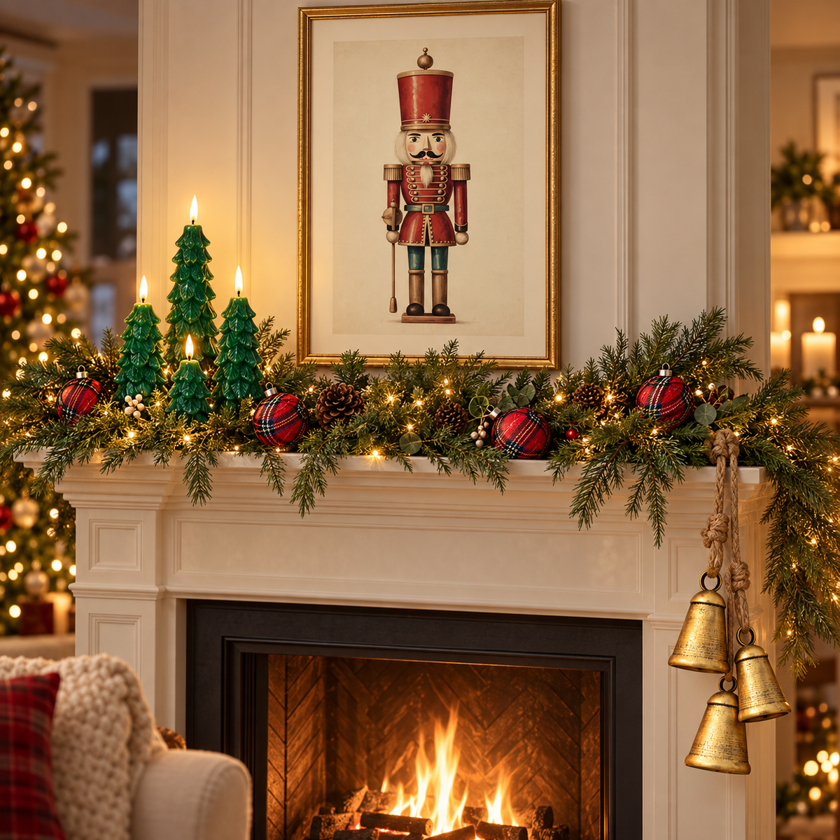 Christmas tree flameless candles on a fireplace mantel with pine garland, tartan ornaments, gold bells and nutcracker wall art