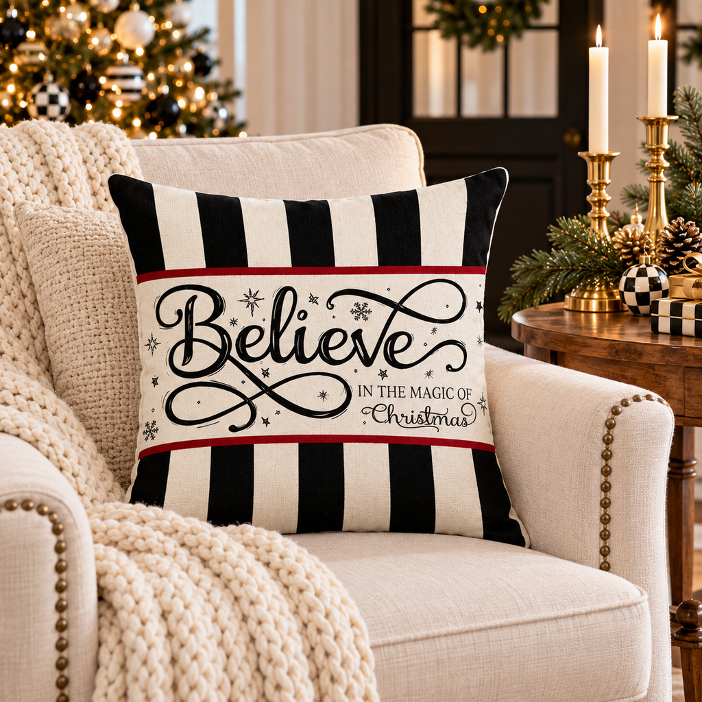 Believe in the Magic of Christmas striped pillow cover on a cream armchair with a knit throw, gold candlesticks and a lit Christmas tree