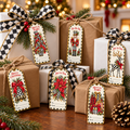 Christmas gifts in kraft and white paper with black and white checkered ribbon and printable checkered Christmas gift tags with nutcracker, reindeer and poinsettia designs