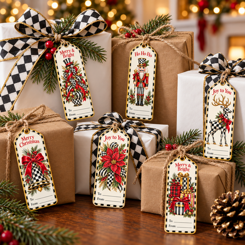 Christmas gifts in kraft and white paper with black and white checkered ribbon and printable checkered Christmas gift tags with nutcracker, reindeer and poinsettia designs