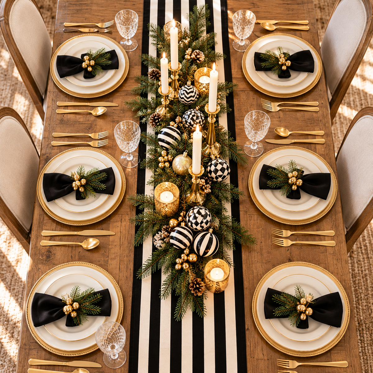 Overhead view of a Christmas dinner table with the full-length black and white stripe table runner, gold place settings and a pine and candle centerpiece