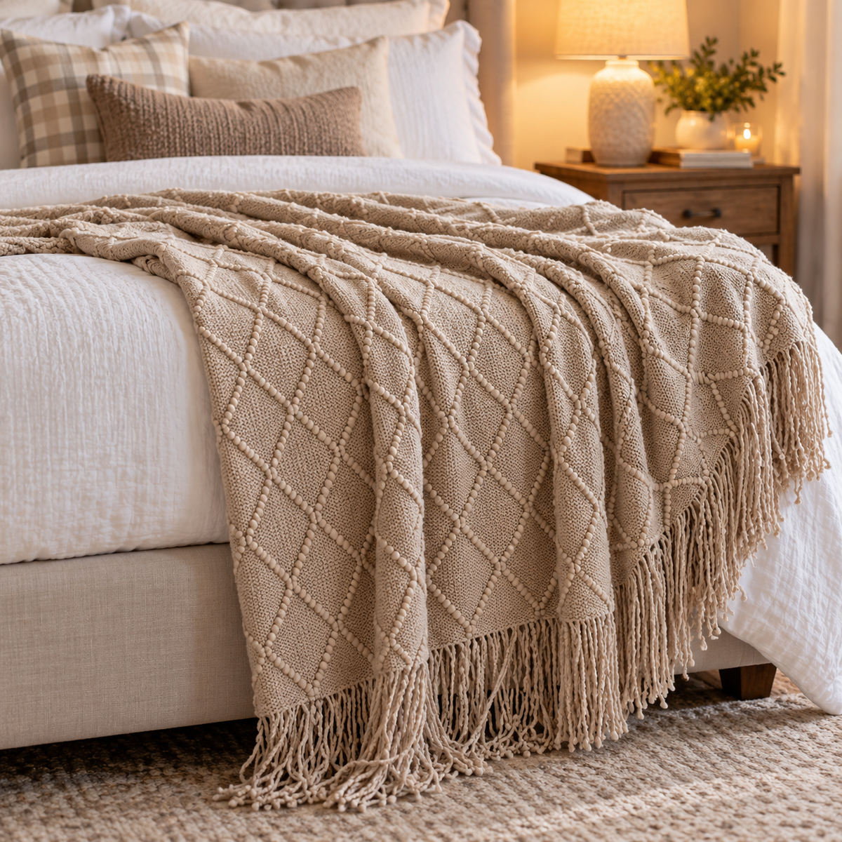 Diamond knit tassel throw blanket in a cozy living room setting
