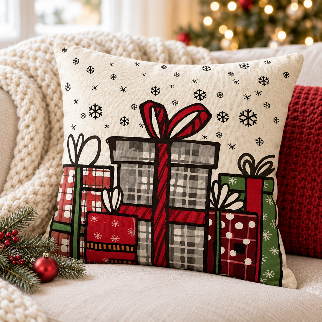 Close-up of the Christmas presents pillow cover showing the linen-look texture, snowflakes and plaid gift print, with pine and a red ornament
