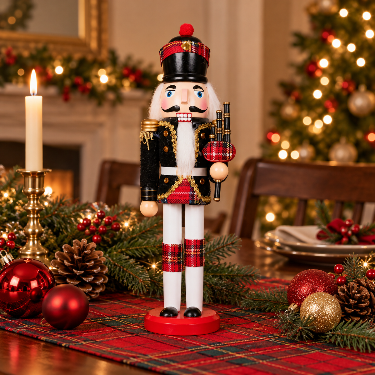 Scottish bagpiper nutcracker on a red tartan plaid table runner with evergreen, pine cones, red and gold ornaments and a candle