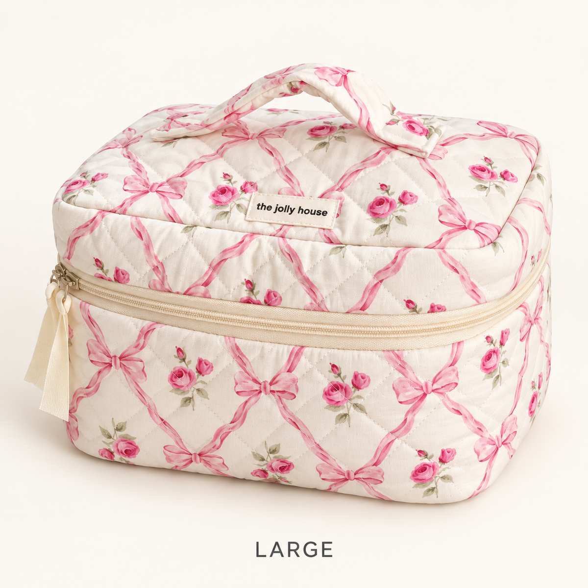 Pink bow and rose quilted makeup bag, Large box-shape case with handle