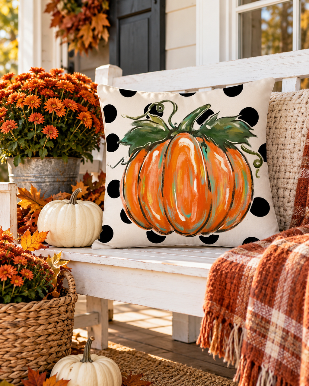 Pumpkin polka dot pillow on a white porch bench with orange mums, white pumpkins and a plaid throw