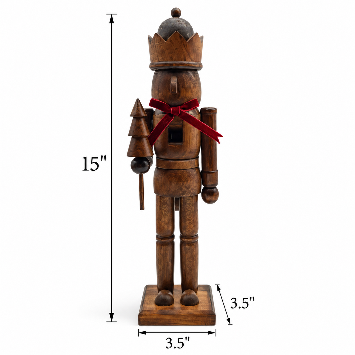 Wooden nutcracker size chart, 15 inches tall with 3.5 x 3.5 inch base