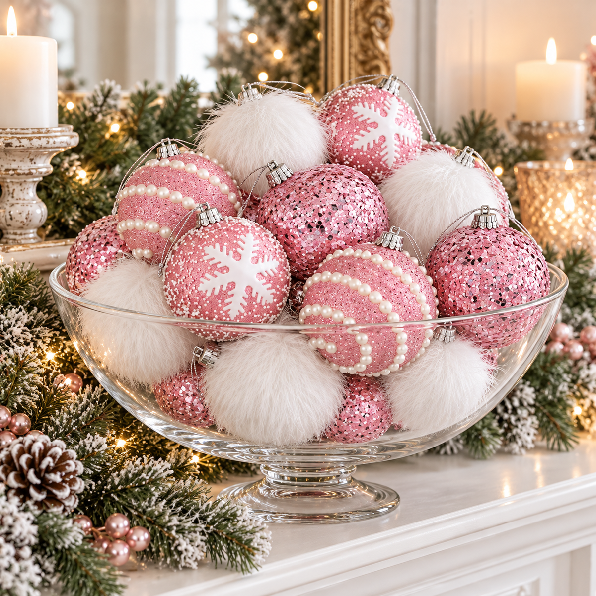 Pink and white Christmas ball ornaments piled in a glass bowl on a mantel with pine garland