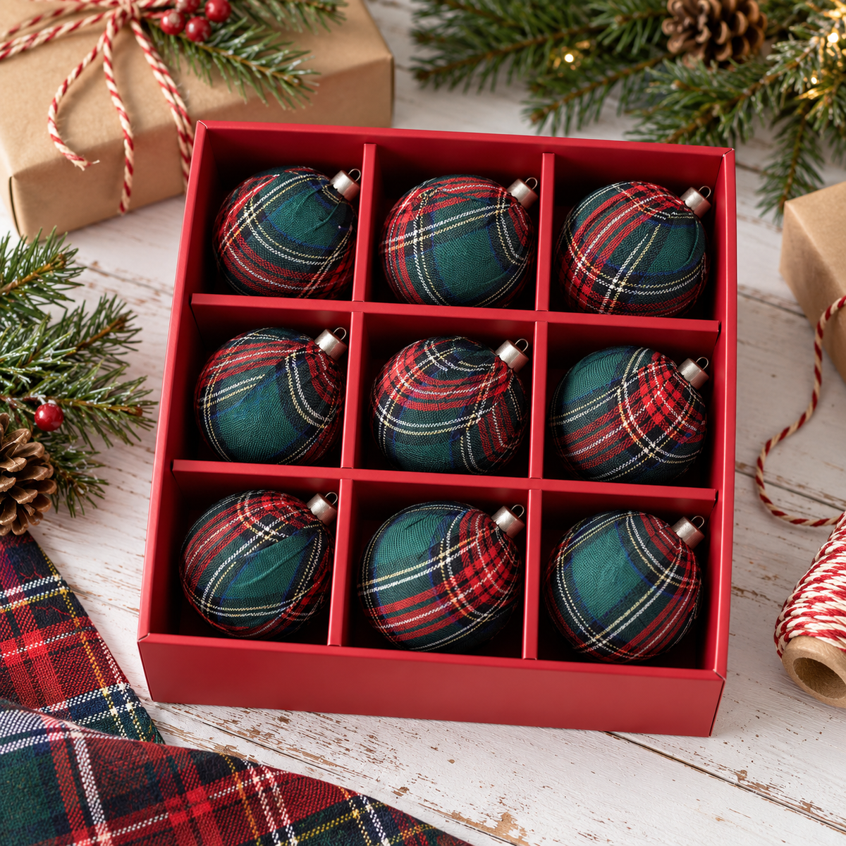 Green and red plaid Christmas ball ornaments, set of 9 in a red gift box