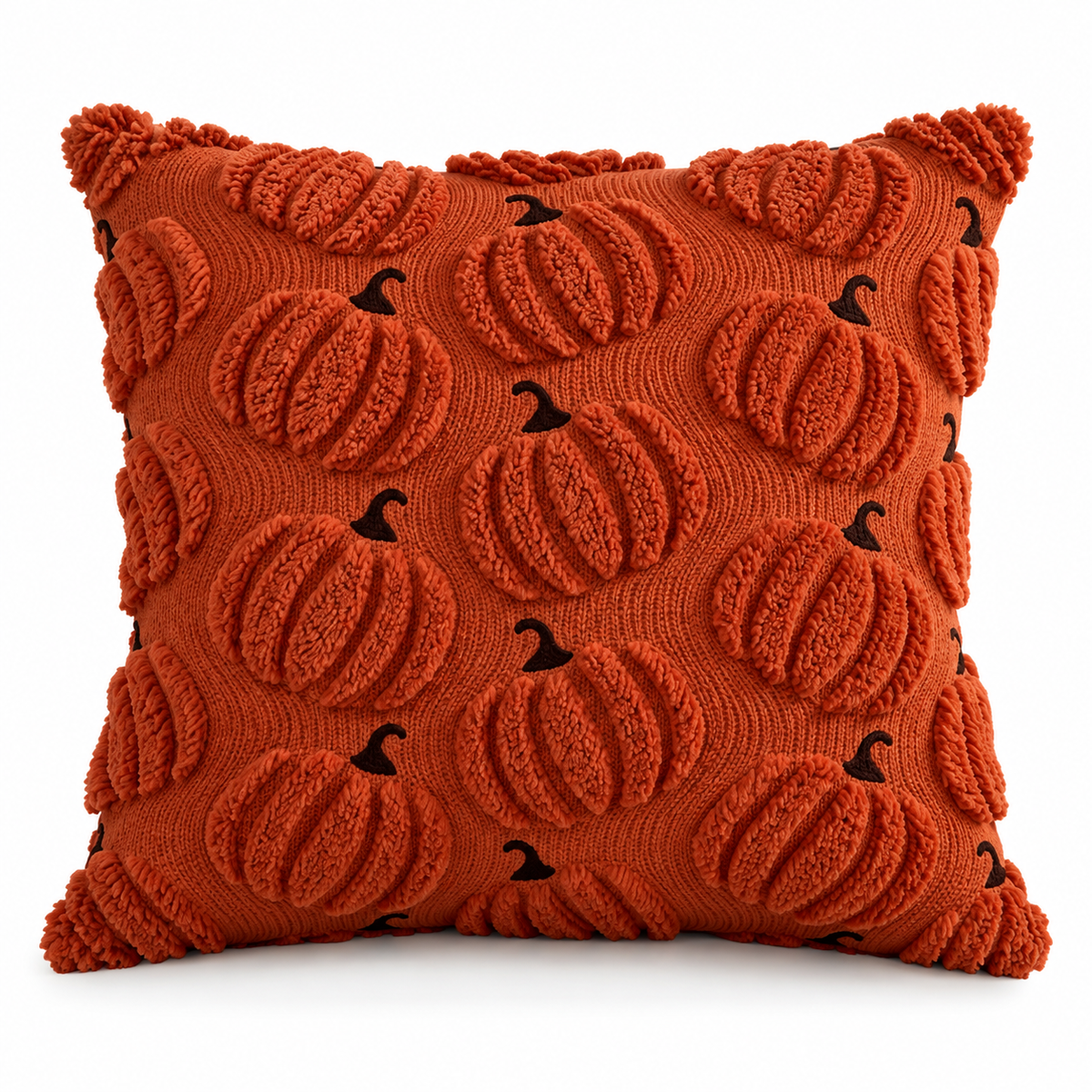 Rust red textured pumpkin pillow cover on a white background