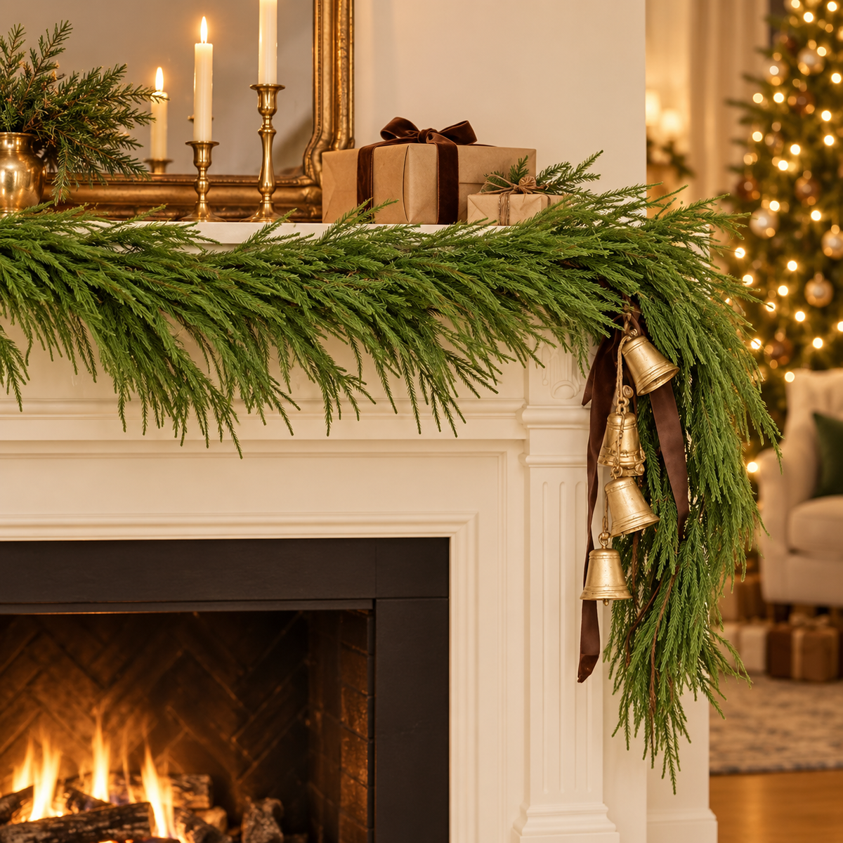 Realistic faux Norfolk pine garland draped on a white fireplace mantel with gold bells, brown velvet ribbon, and brass candlesticks