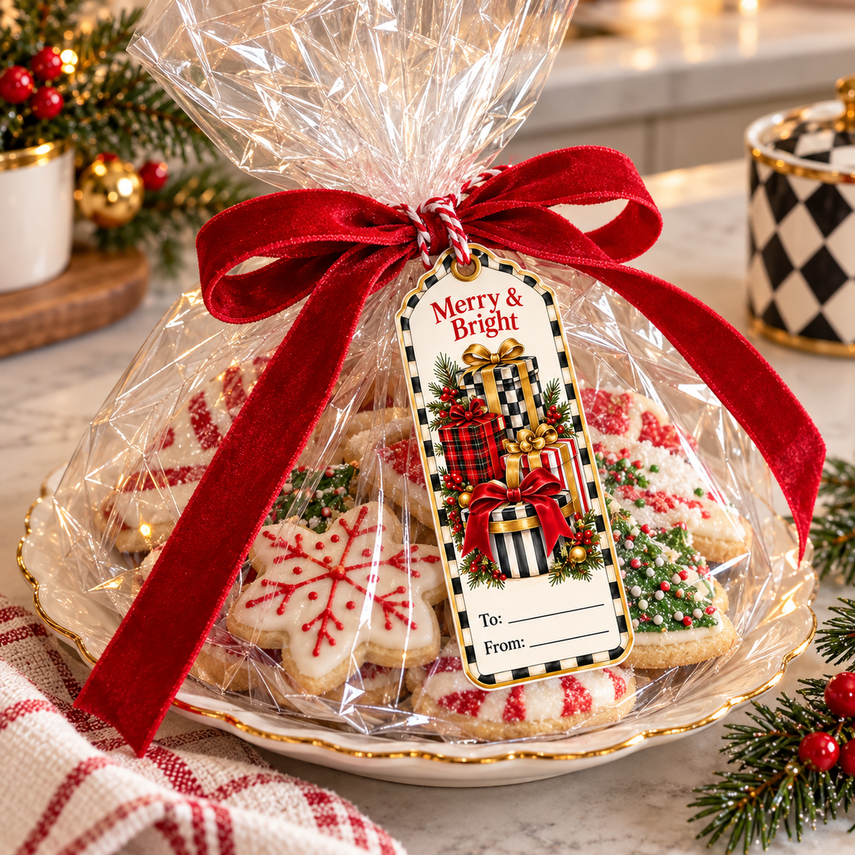 Plate of Christmas cookies wrapped in cellophane with a red bow and a Merry and Bright printable gift tag