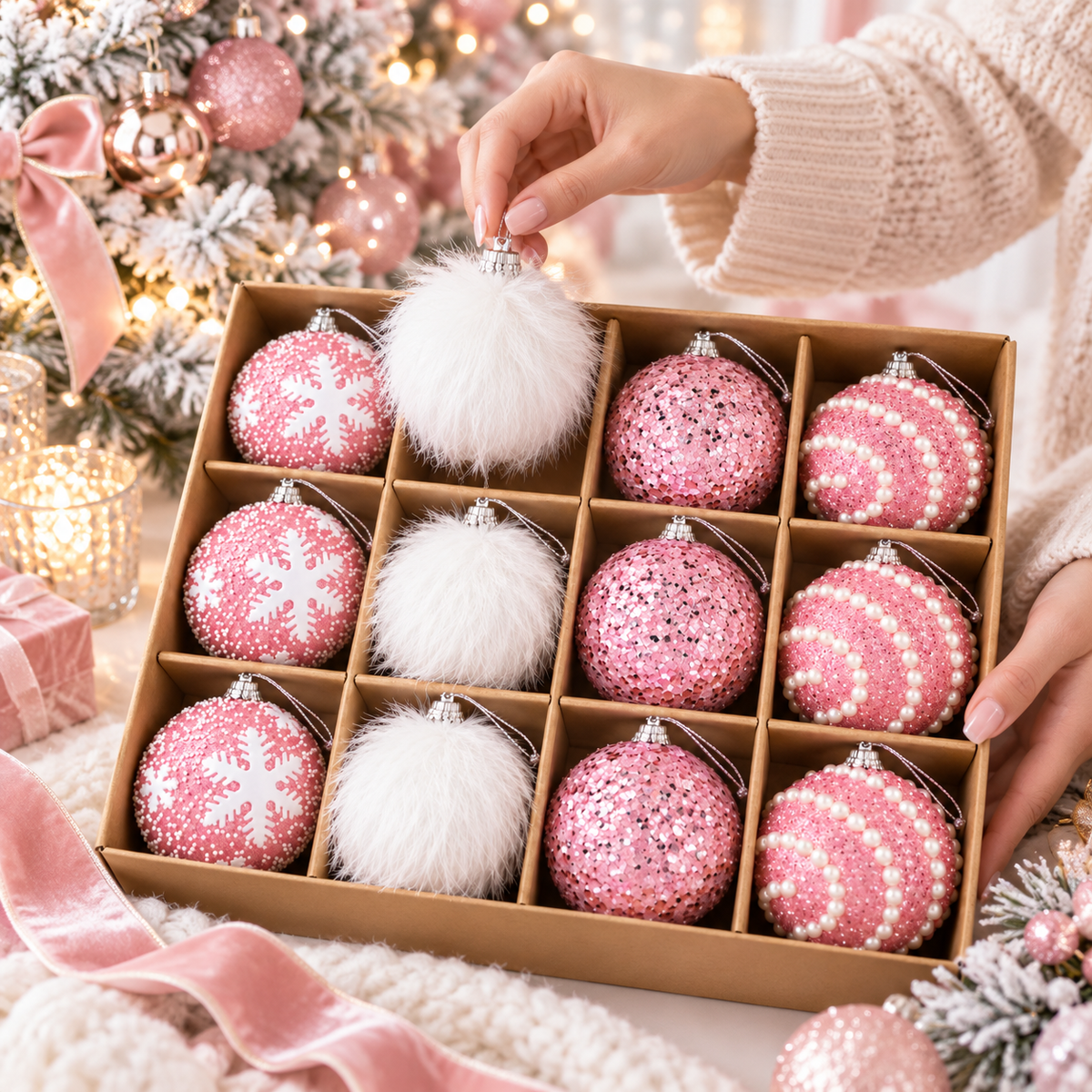 Hands lifting a fluffy white ornament from a box of 12 pink and white Christmas ornaments
