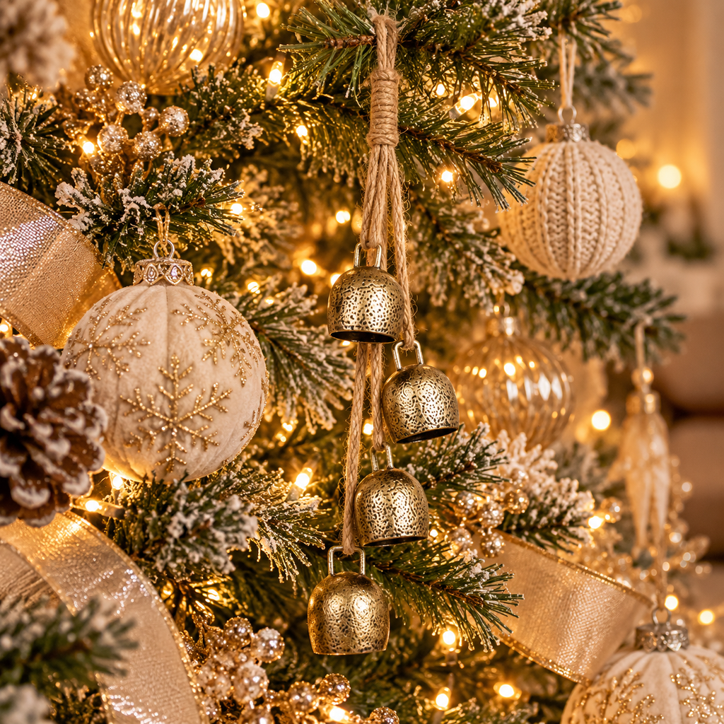Gold Christmas bells hanging on a lit Christmas tree