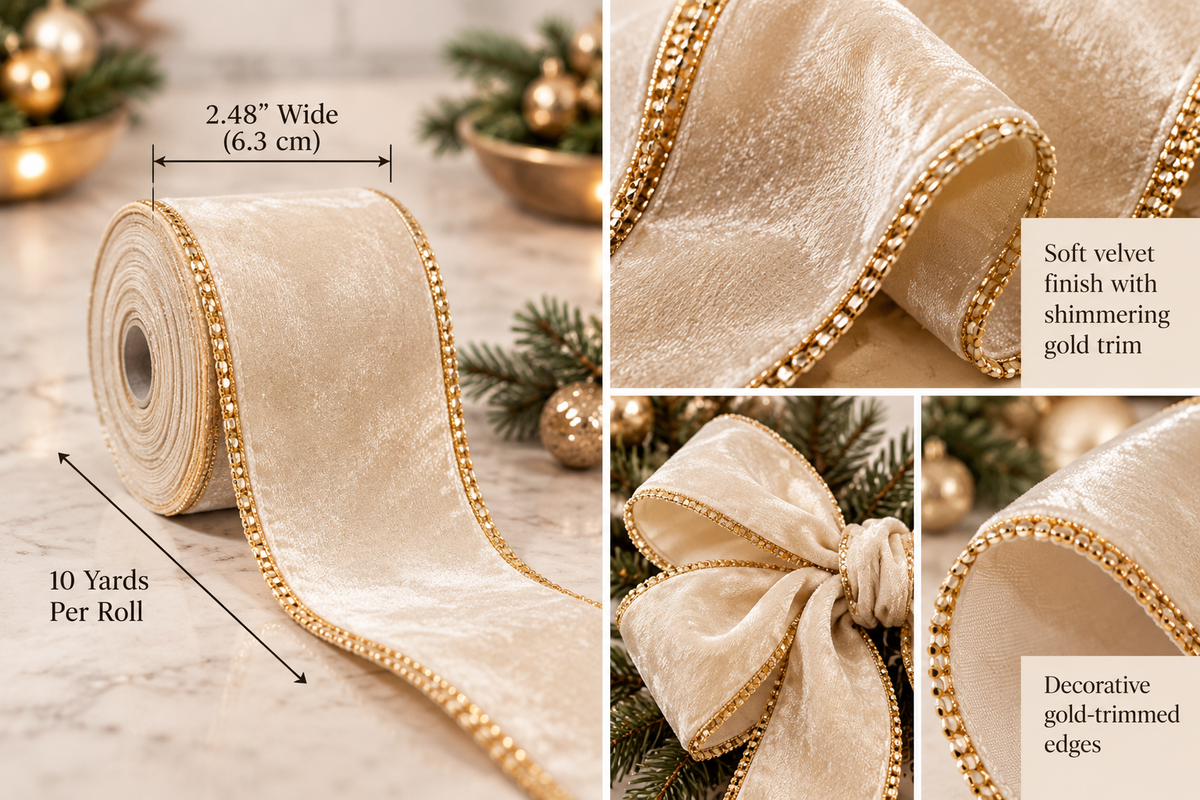 Ivory gold-edge ribbon details: 2.48 inches wide, 10 yards per roll