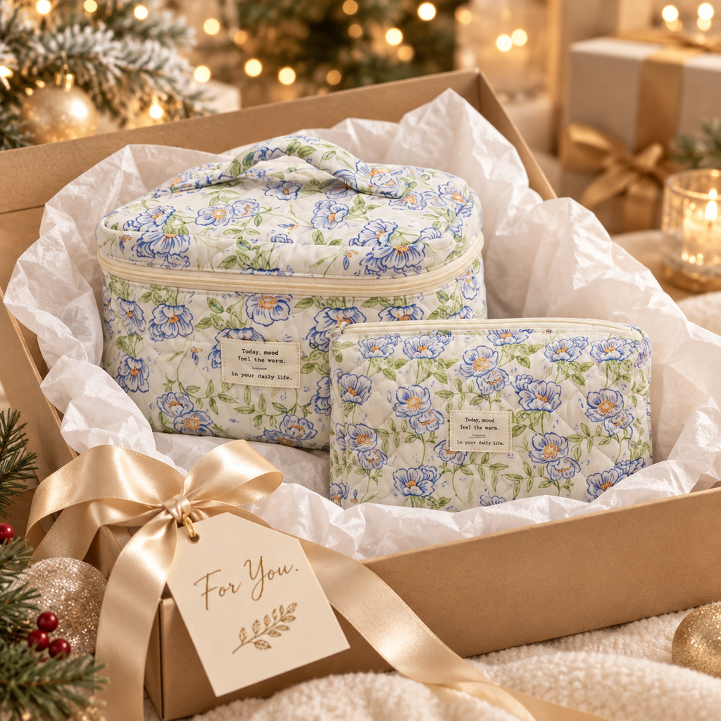 Blue floral quilted makeup bags in Large and Medium in a gift box with tissue paper and gold ribbon
