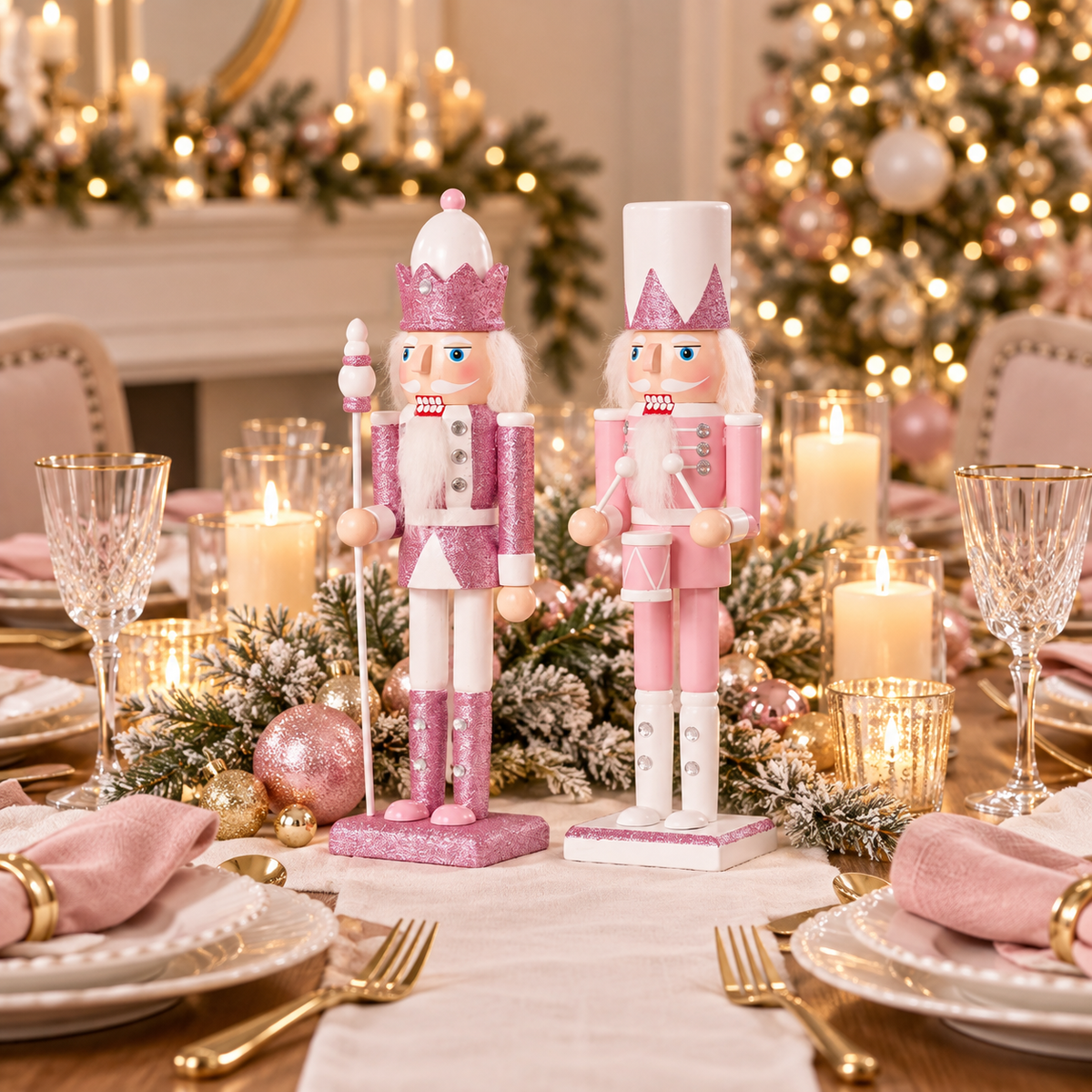 Pink glitter nutcrackers as a holiday table centerpiece with blush napkins, gold flatware, candles and frosted greenery