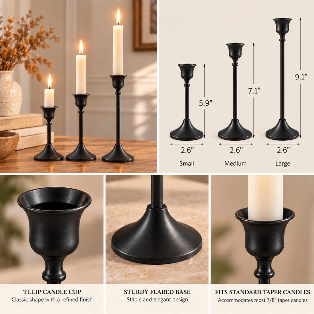 Black candlestick holder set of 3 with size chart and product details