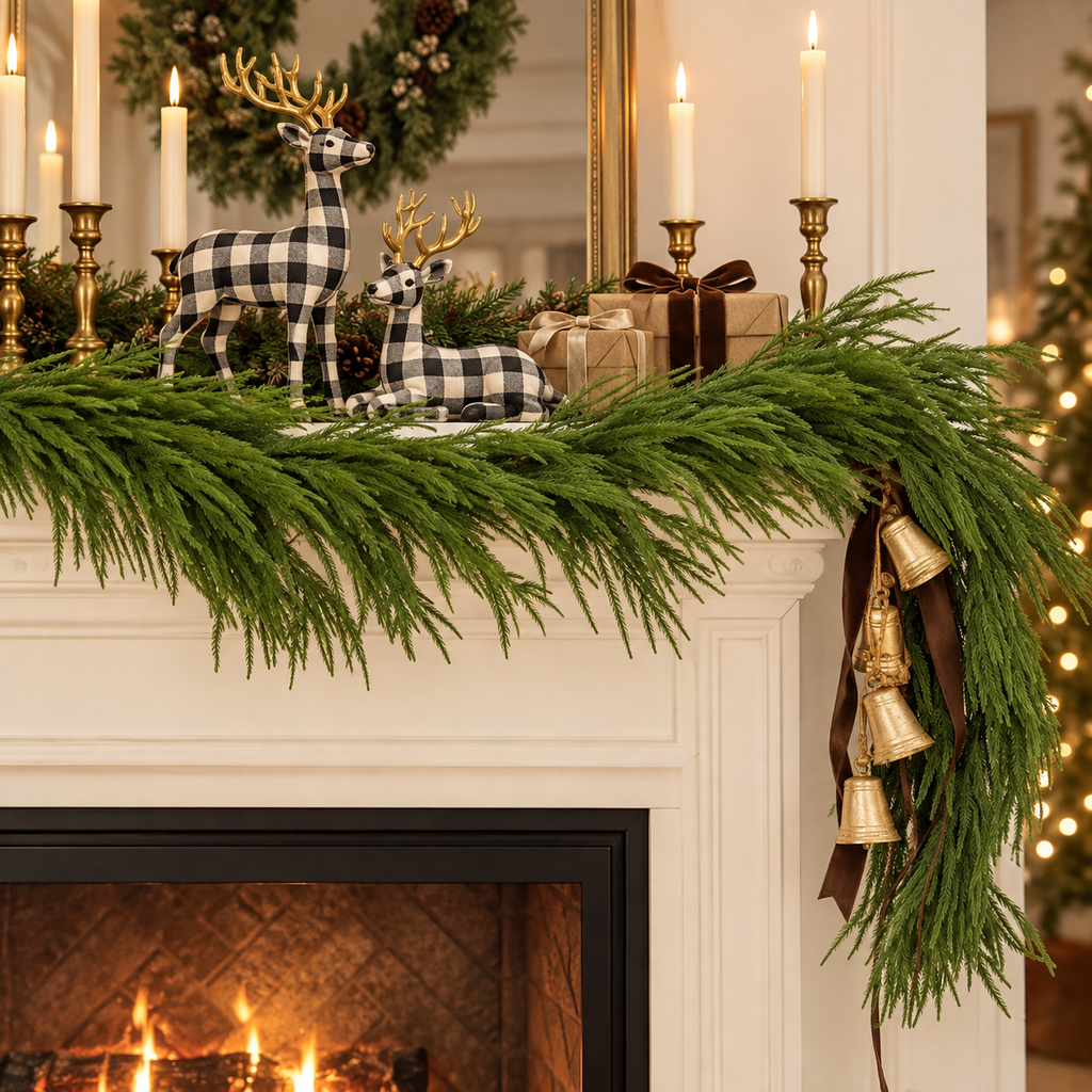 Norfolk pine garland on a mantel with black and white checkered deer figurines and gold candlesticks