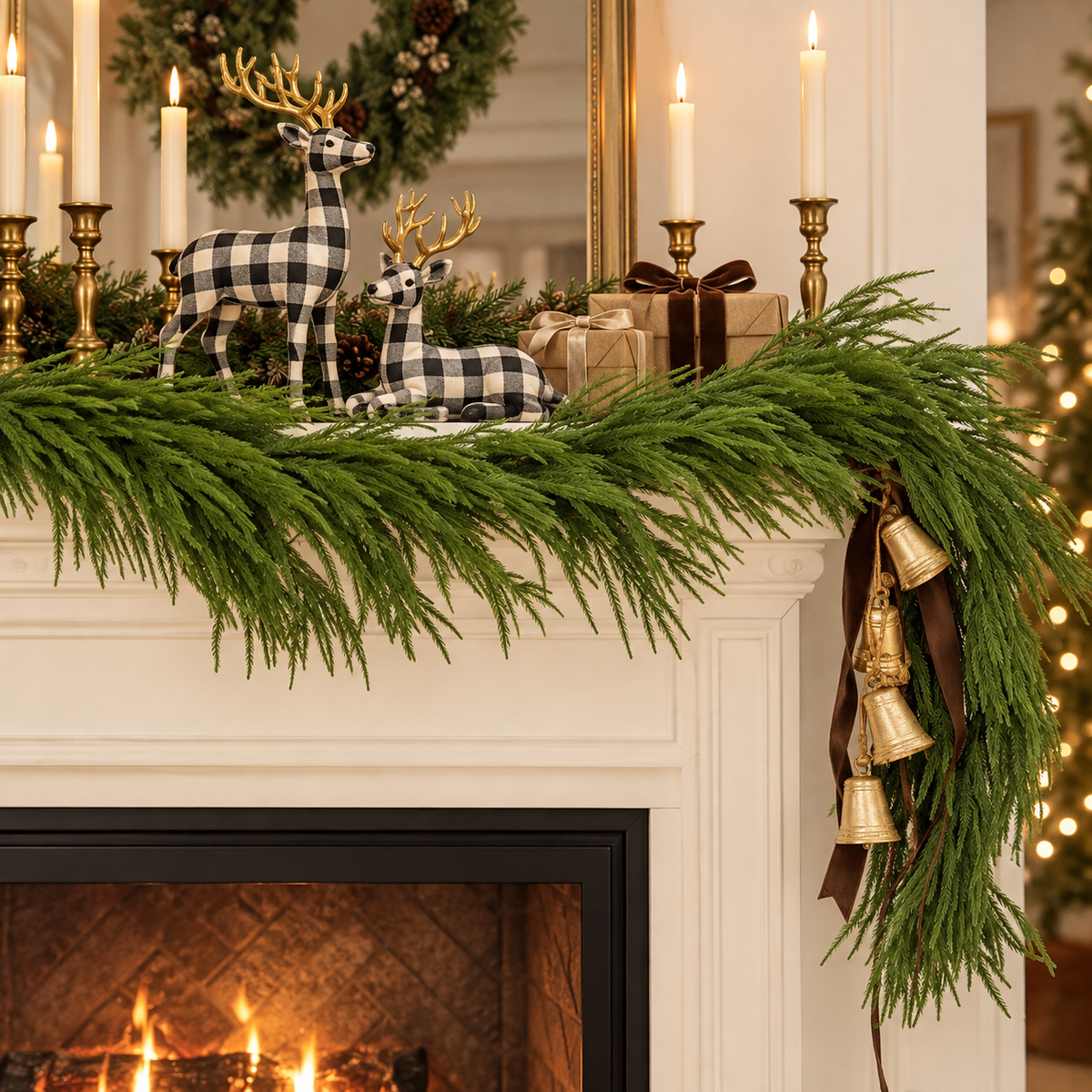 Norfolk pine garland on a mantel with black and white checkered deer figurines and gold candlesticks
