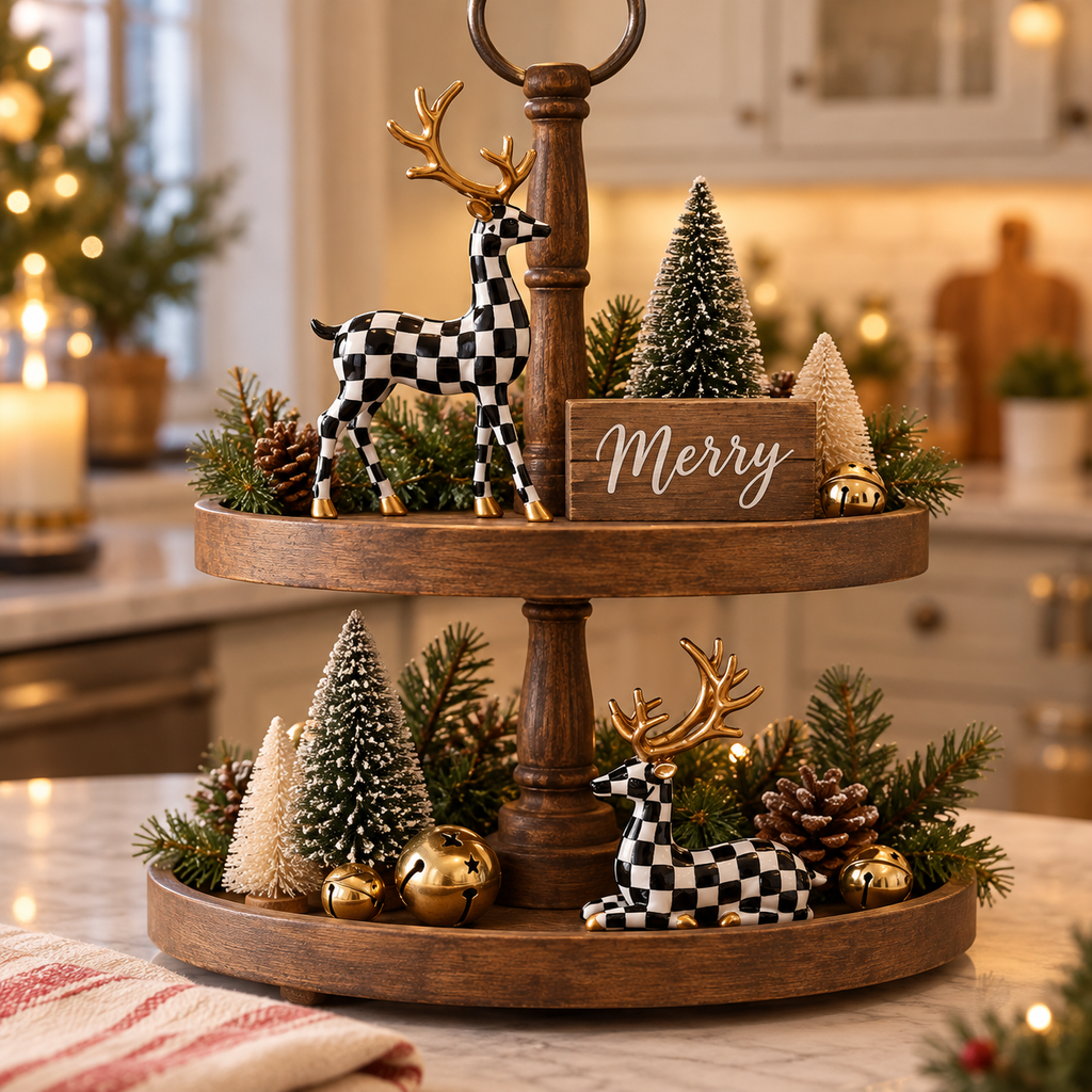 Checkered Christmas deer figurines on a wooden tiered tray with mini bottle-brush trees and a Merry sign