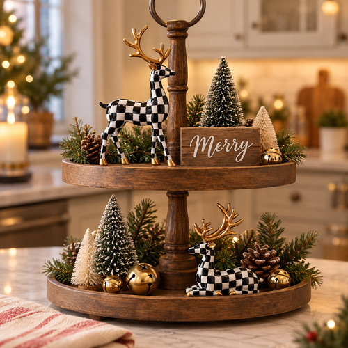 Checkered Christmas deer figurines on a wooden tiered tray with mini bottle-brush trees and a Merry sign