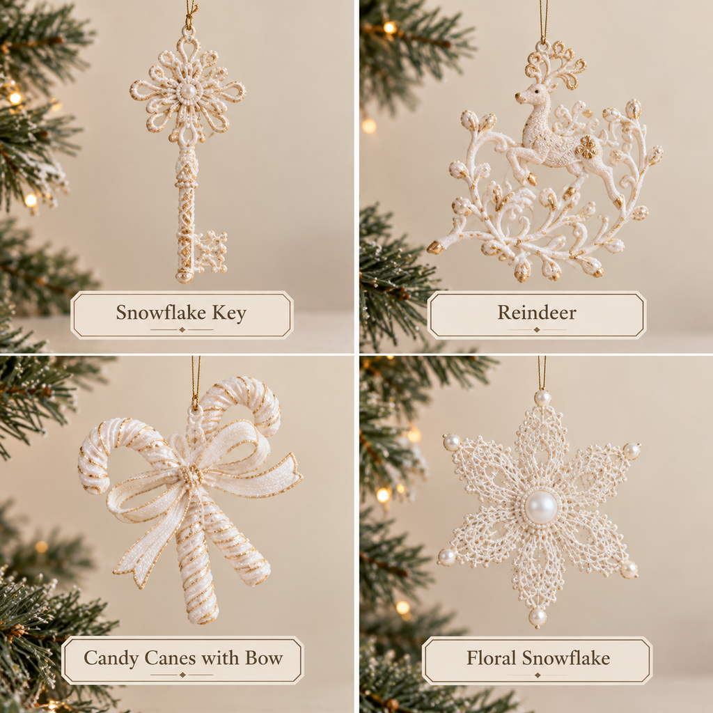 Four white and gold ornament styles: Snowflake Key, Reindeer, Candy Canes with Bow, Floral Snowflake