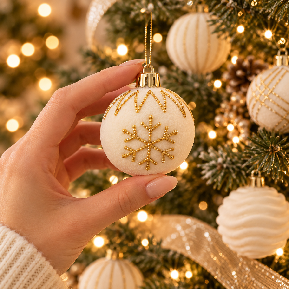 Hand holding a 2.4 inch ivory velvet snowflake ornament to show size