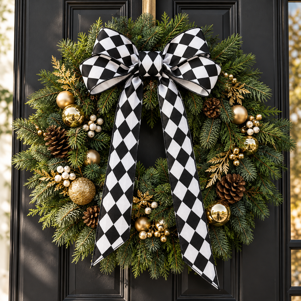 Pine wreath with a large black and white harlequin ribbon bow on a black front door