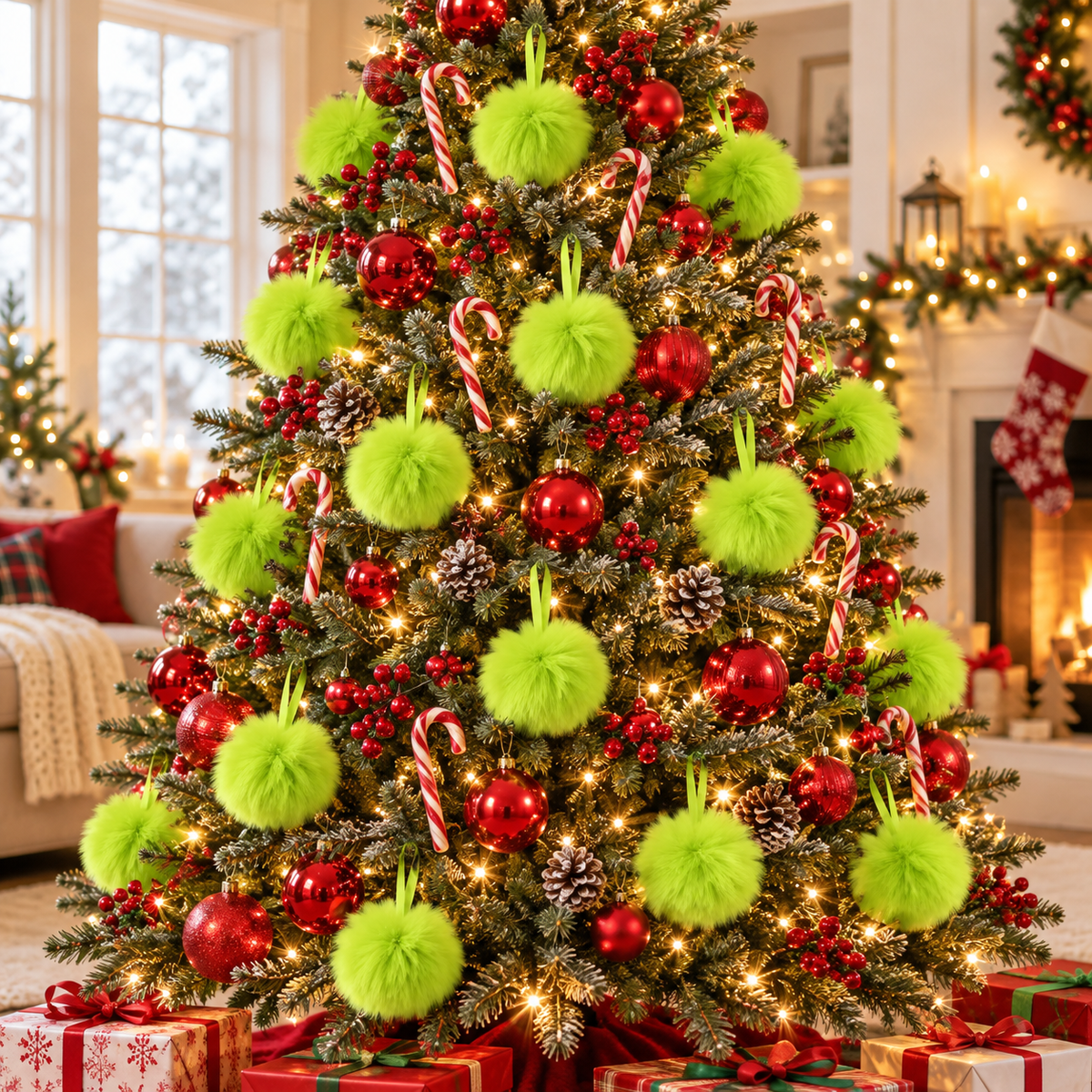 Christmas tree decorated with fuzzy lime green pom-pom ornaments, red ball ornaments and candy canes