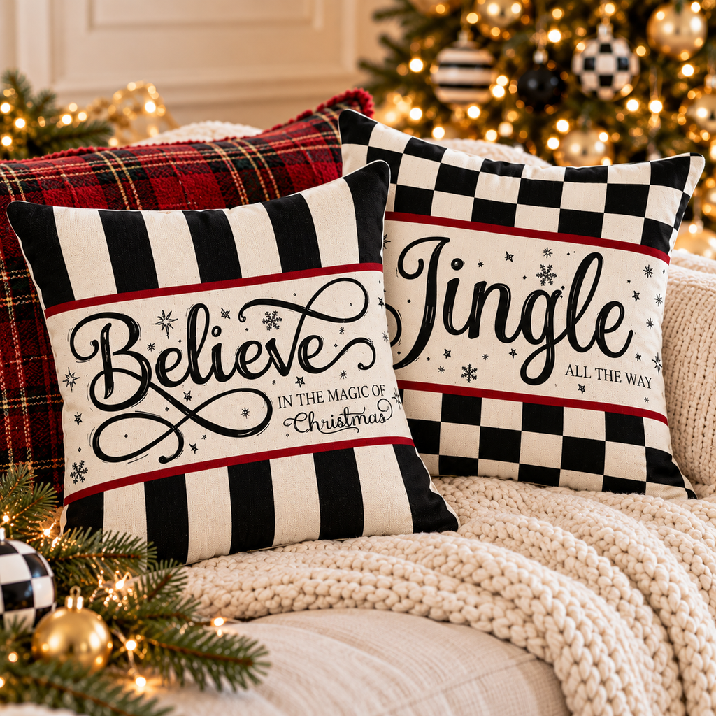 Close-up of Believe striped and Jingle checkered Christmas pillow covers showing the script lettering, with a red plaid pillow and gold ornaments