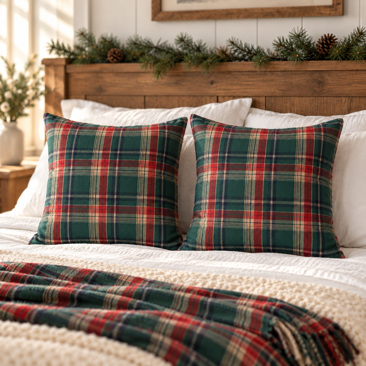 Set of 2 green and red plaid Christmas pillow covers on a white farmhouse bed with pine garland