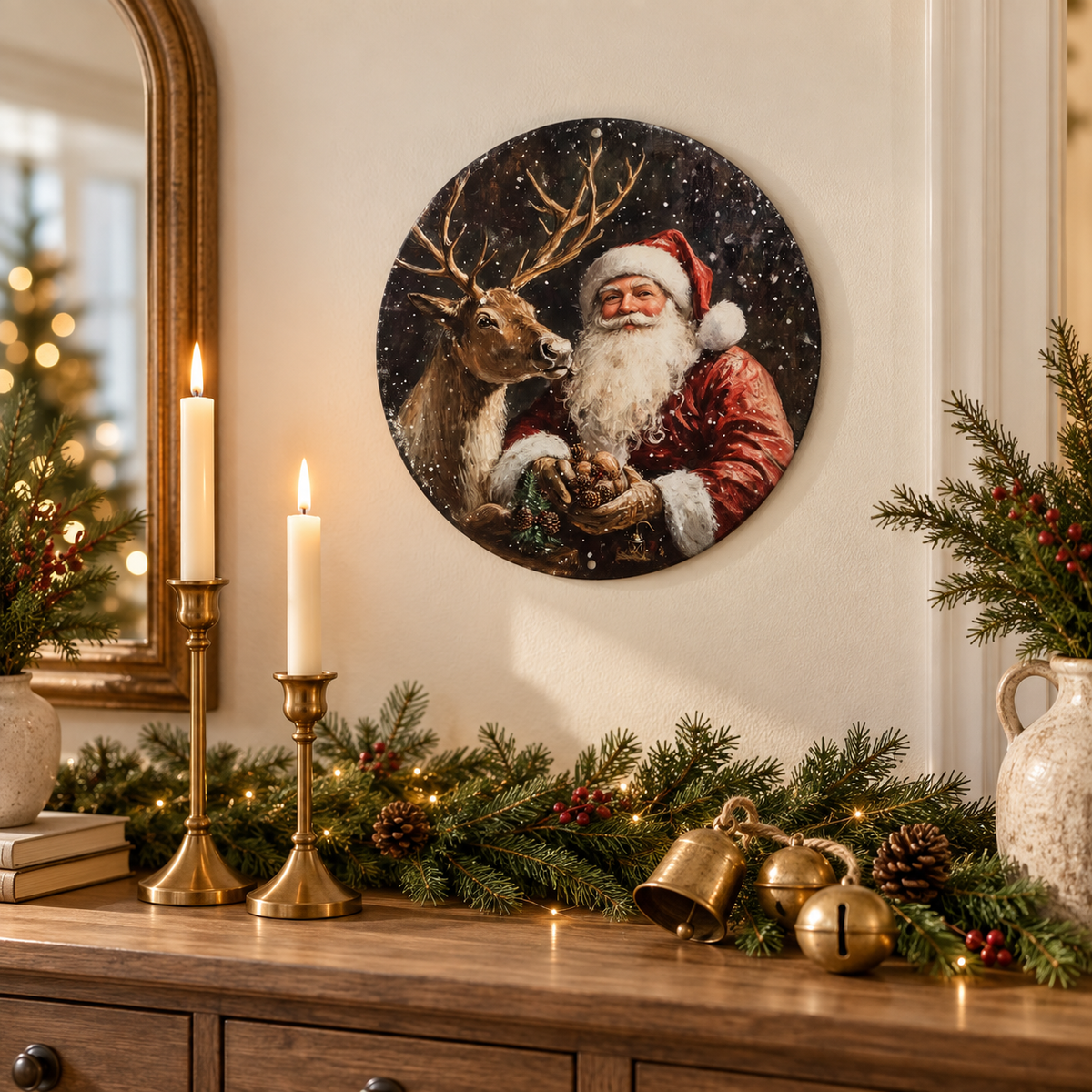 Vintage Santa and reindeer metal sign on a wall above a console with candles, greenery and gold bells