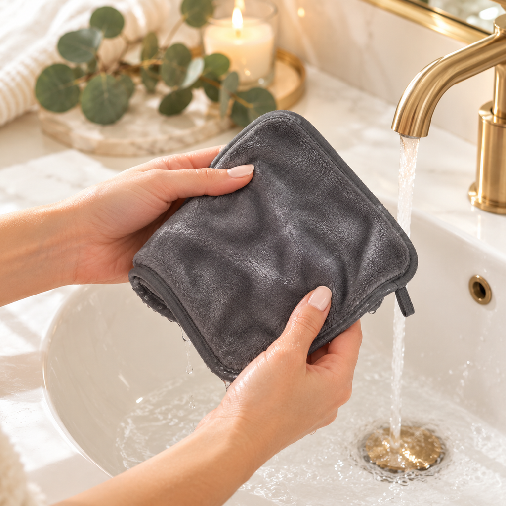 Hands rinsing a grey microfiber makeup remover towel under warm water