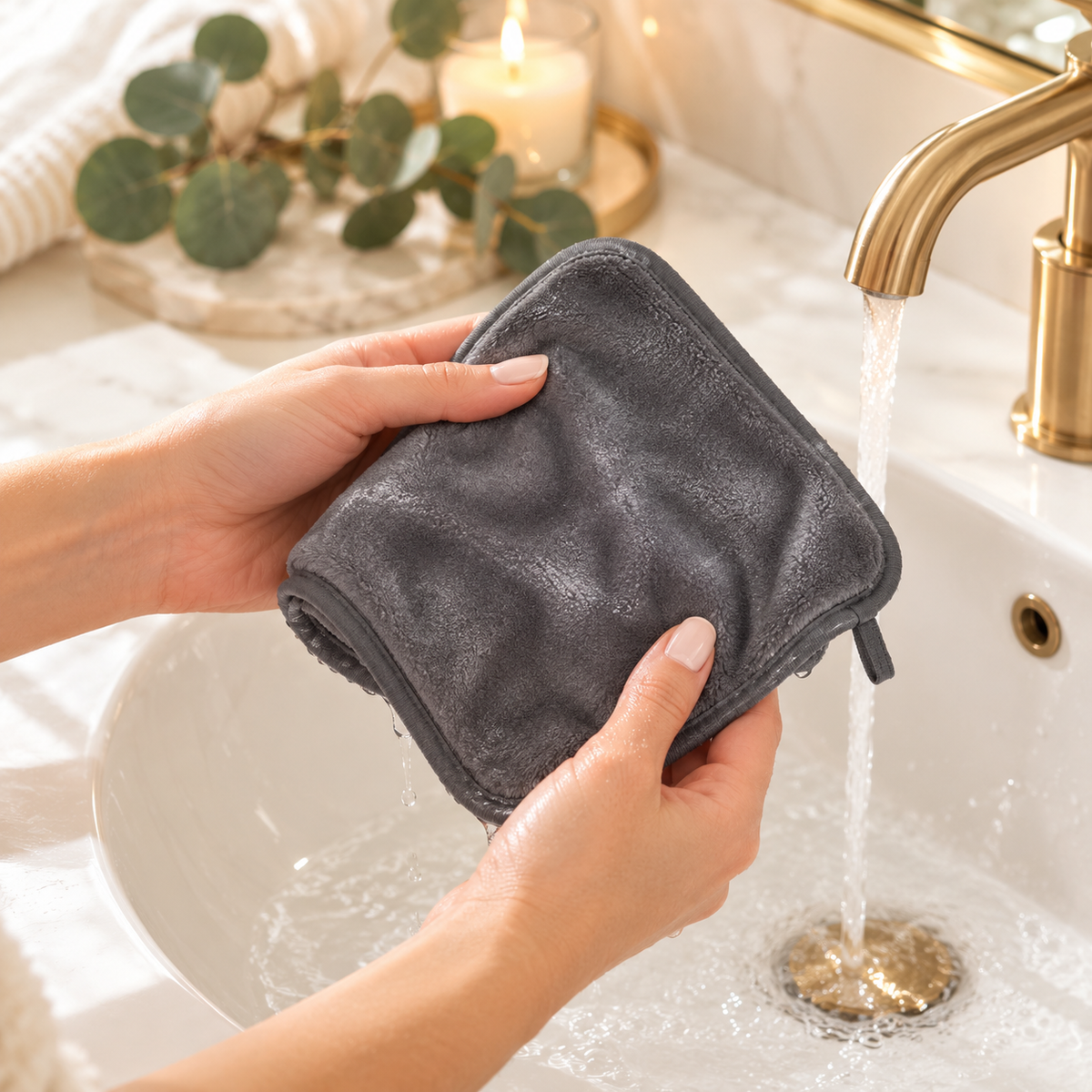 Hands rinsing a grey microfiber makeup remover towel under warm water