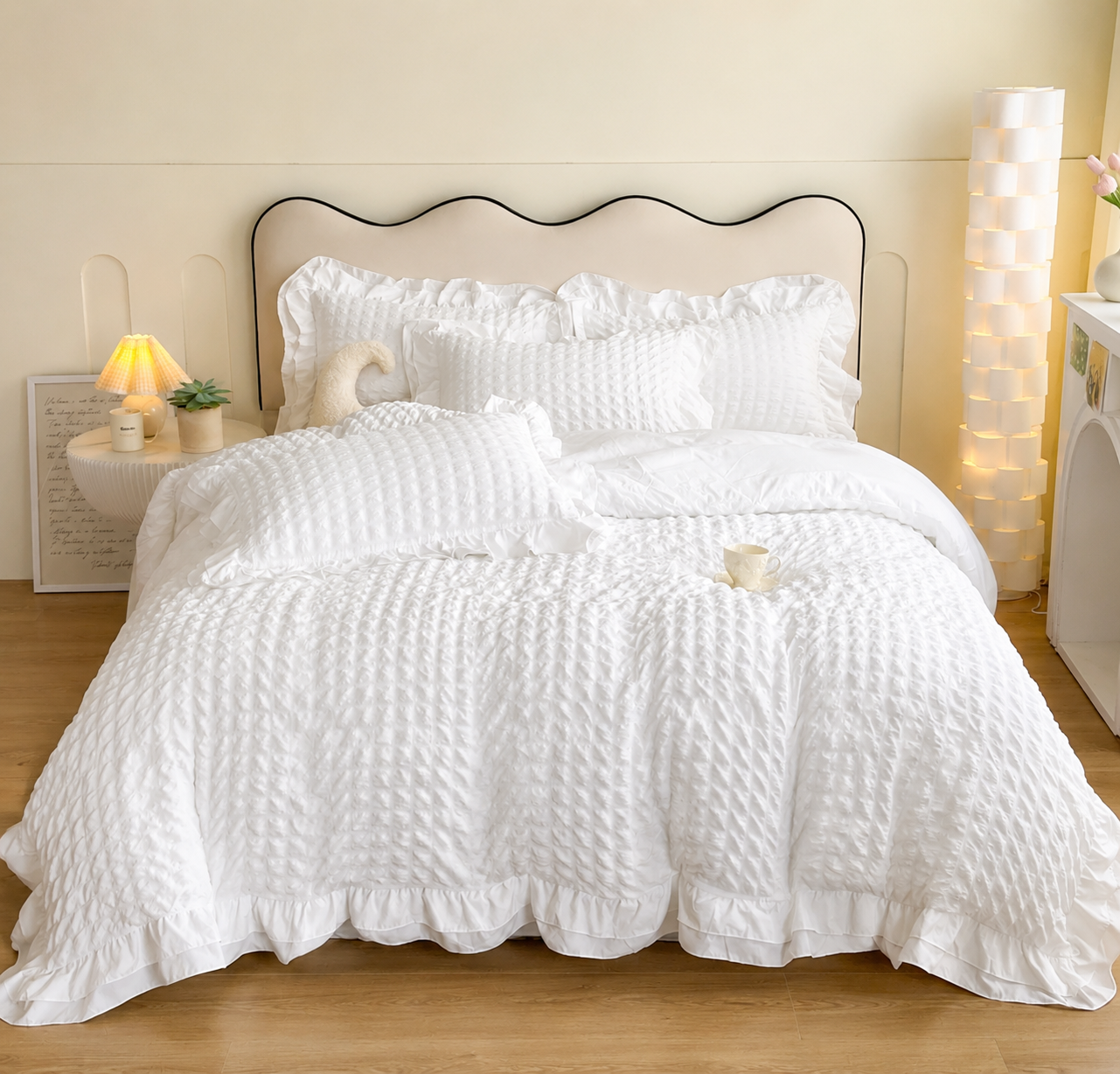 Ruffled Waffle-Textured Bedding Set