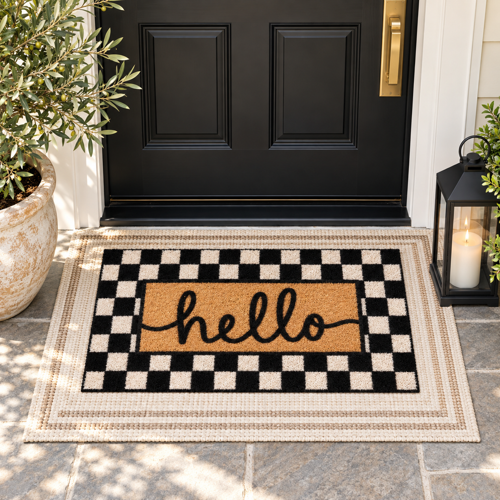 Checkered hello doormat layered on a cream striped rug in front of a black front door