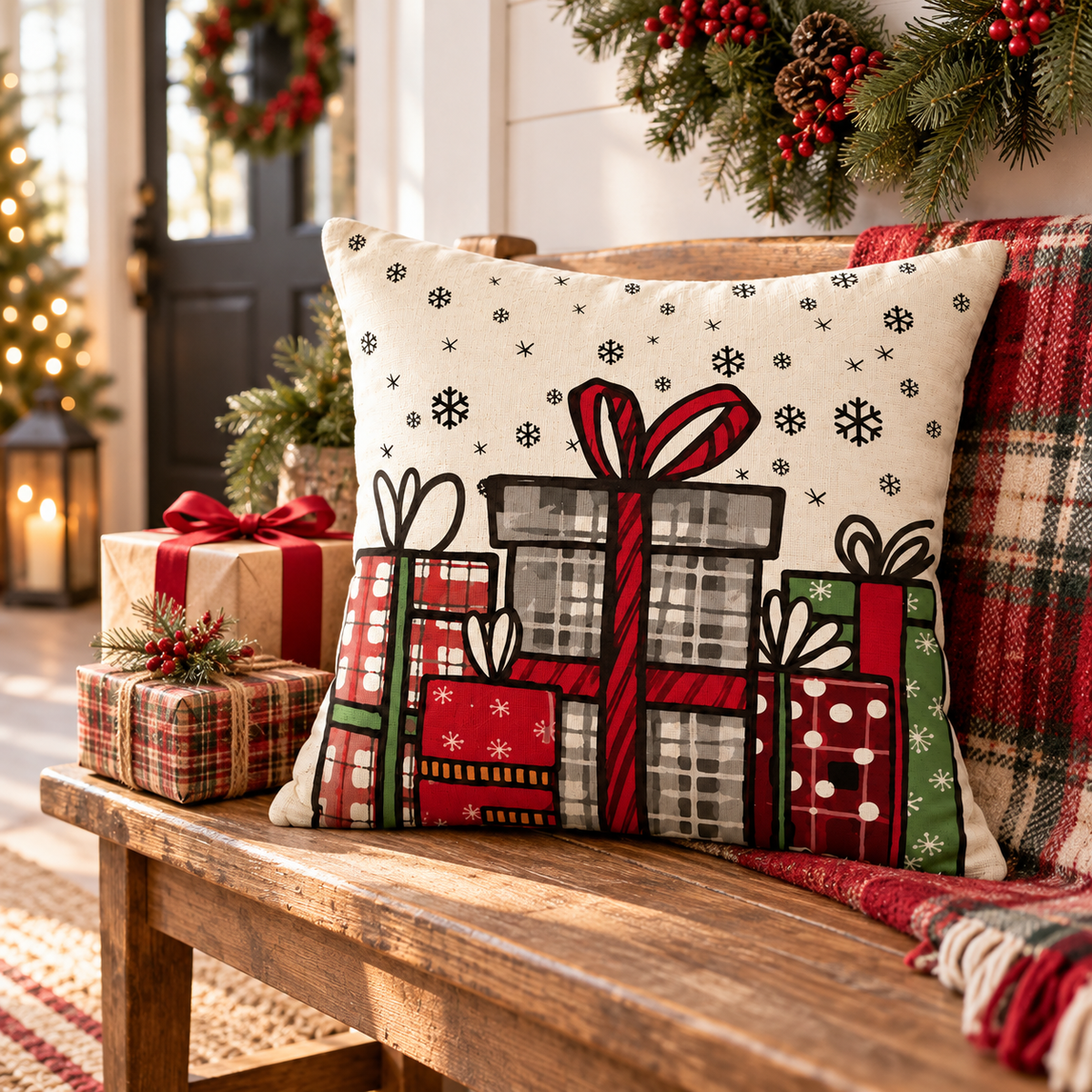 Christmas presents pillow cover on a wooden farmhouse bench by the front door with a plaid pillow, wreath and wrapped gifts