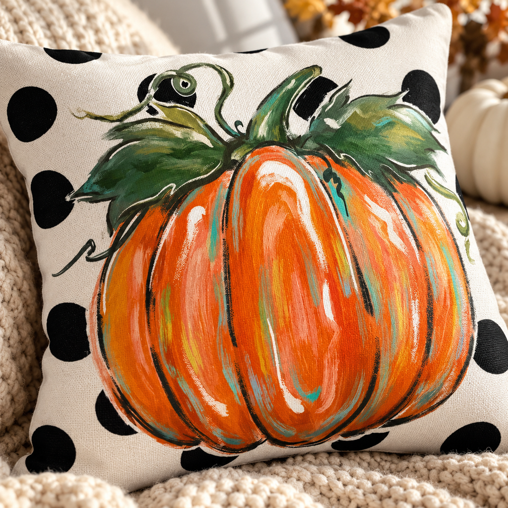 Close-up of the painted pumpkin and black polka dots on the pillow cover resting on a cream knit blanket