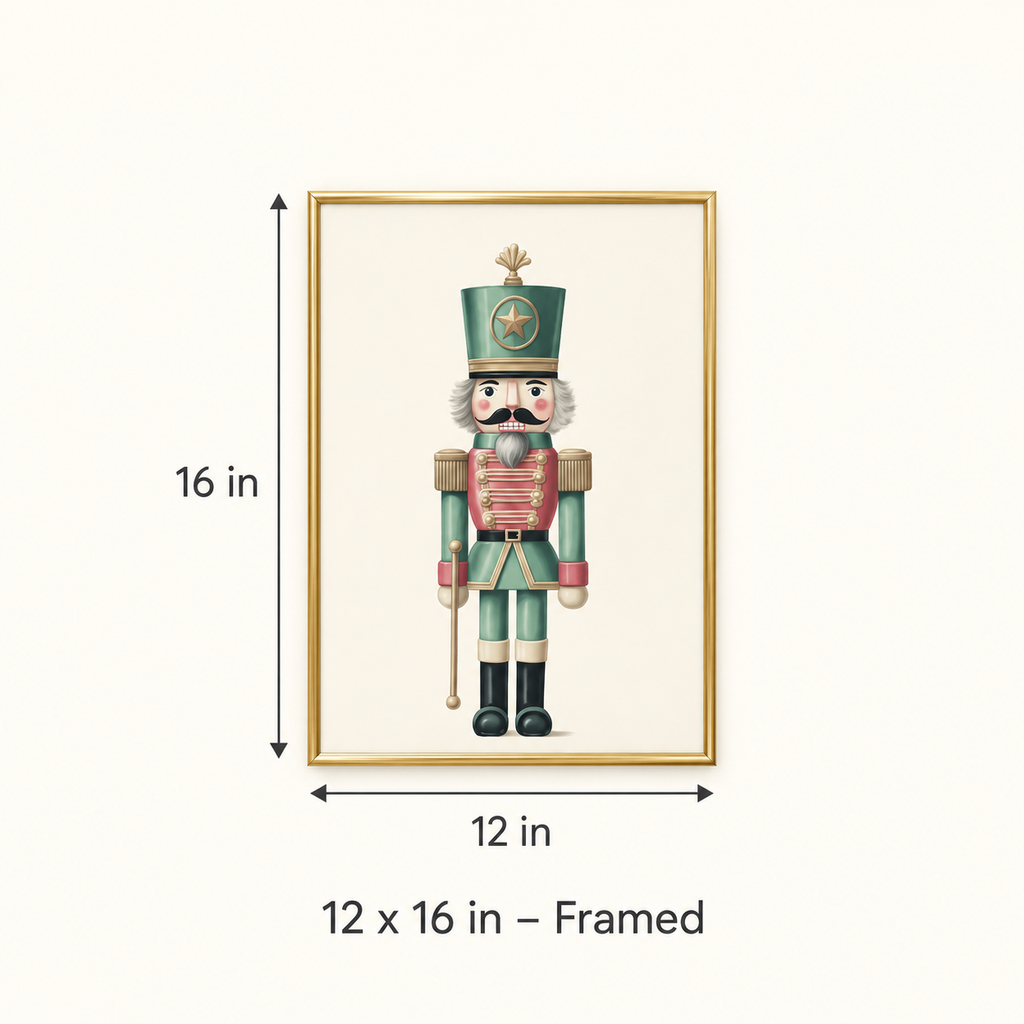 Evergreen nutcracker print, 12 x 16 in framed size guide