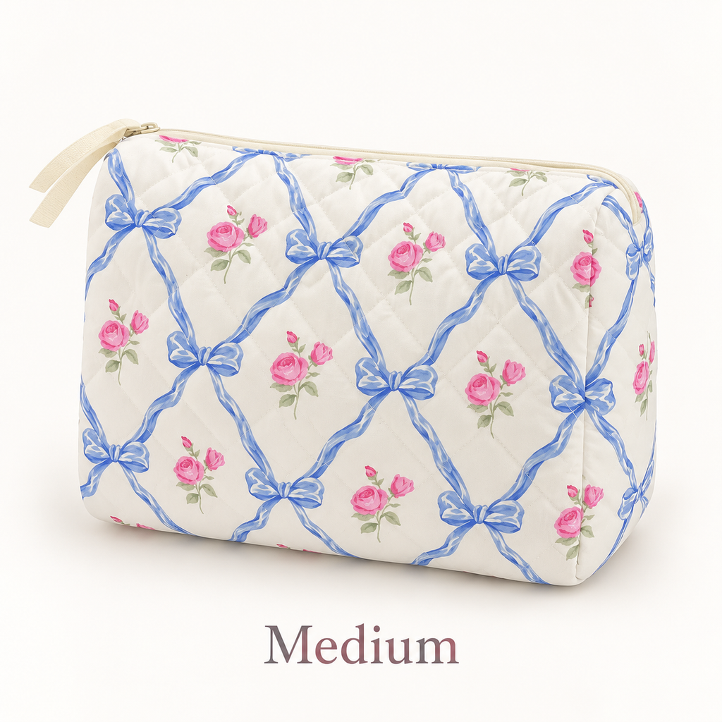 Blue bow and rose quilted makeup bag, Medium zip pouch