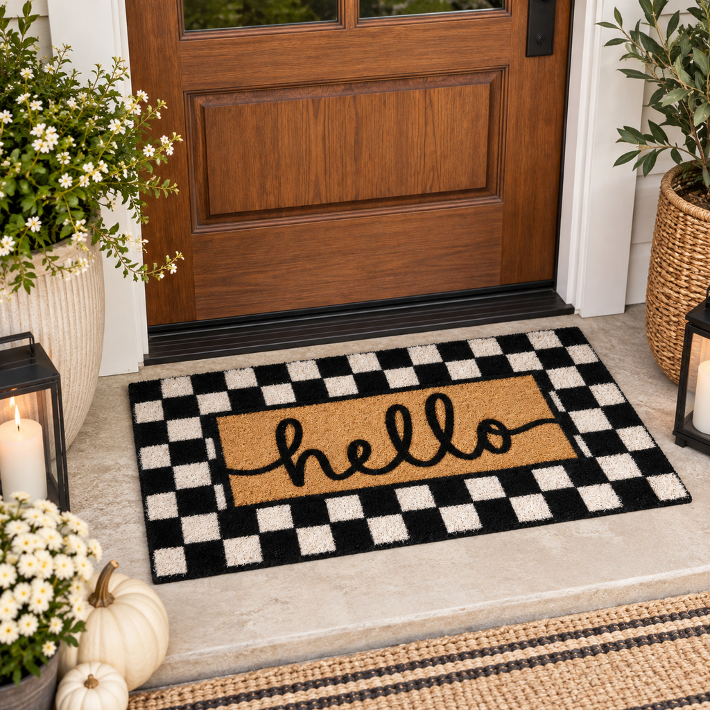 Black and white checkered hello doormat on a front porch with lanterns, white mums, and pumpkins