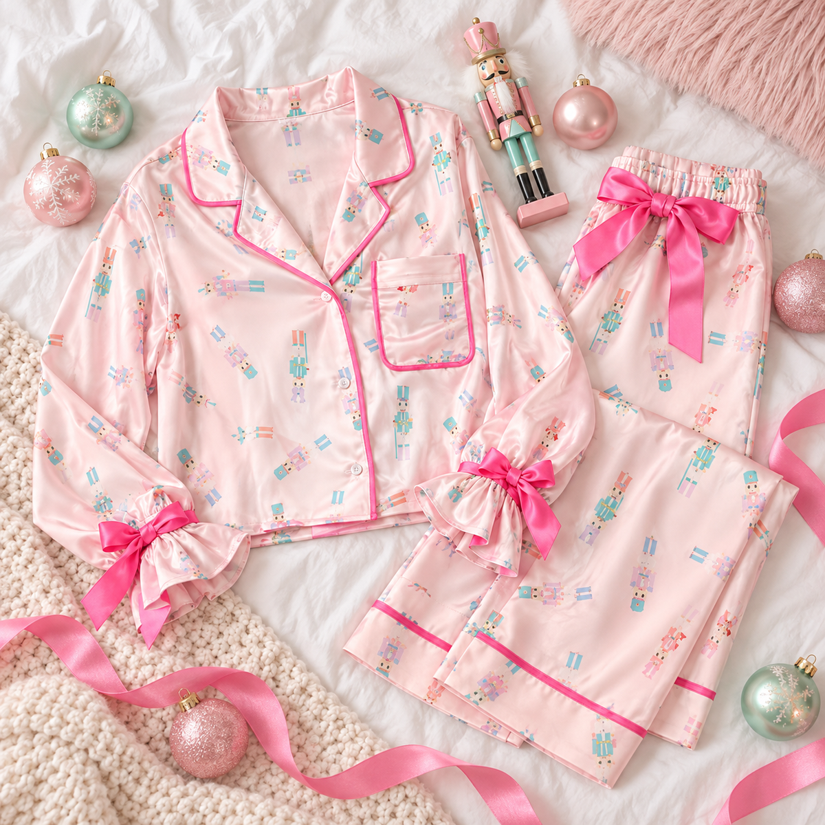 Pink nutcracker satin pajama top and pants folded flat with pastel ornaments and a nutcracker