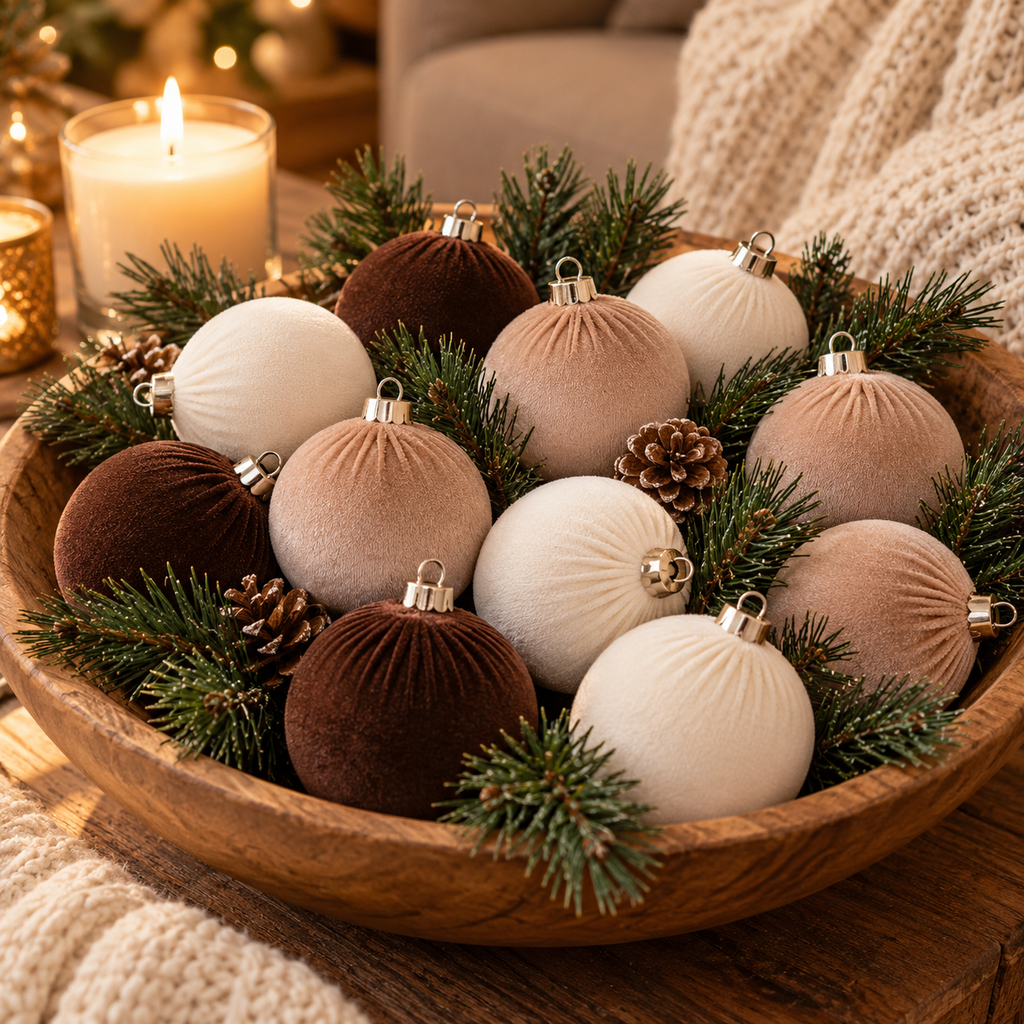 Velvet Christmas ornaments in a wooden bowl centerpiece with pine sprigs