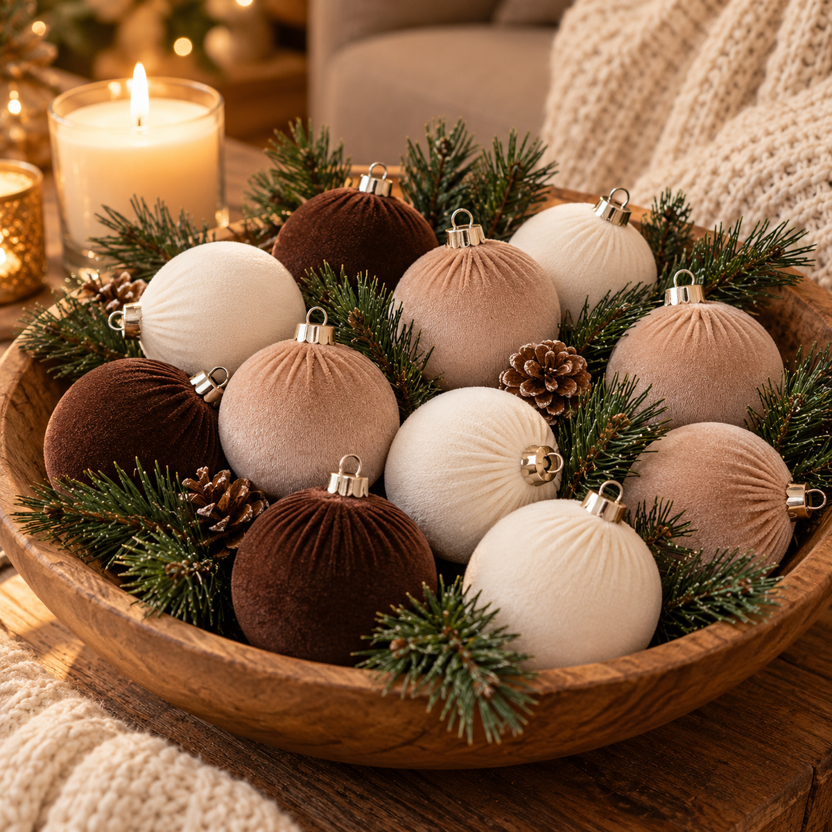 Velvet Christmas ornaments in a wooden bowl centerpiece with pine sprigs