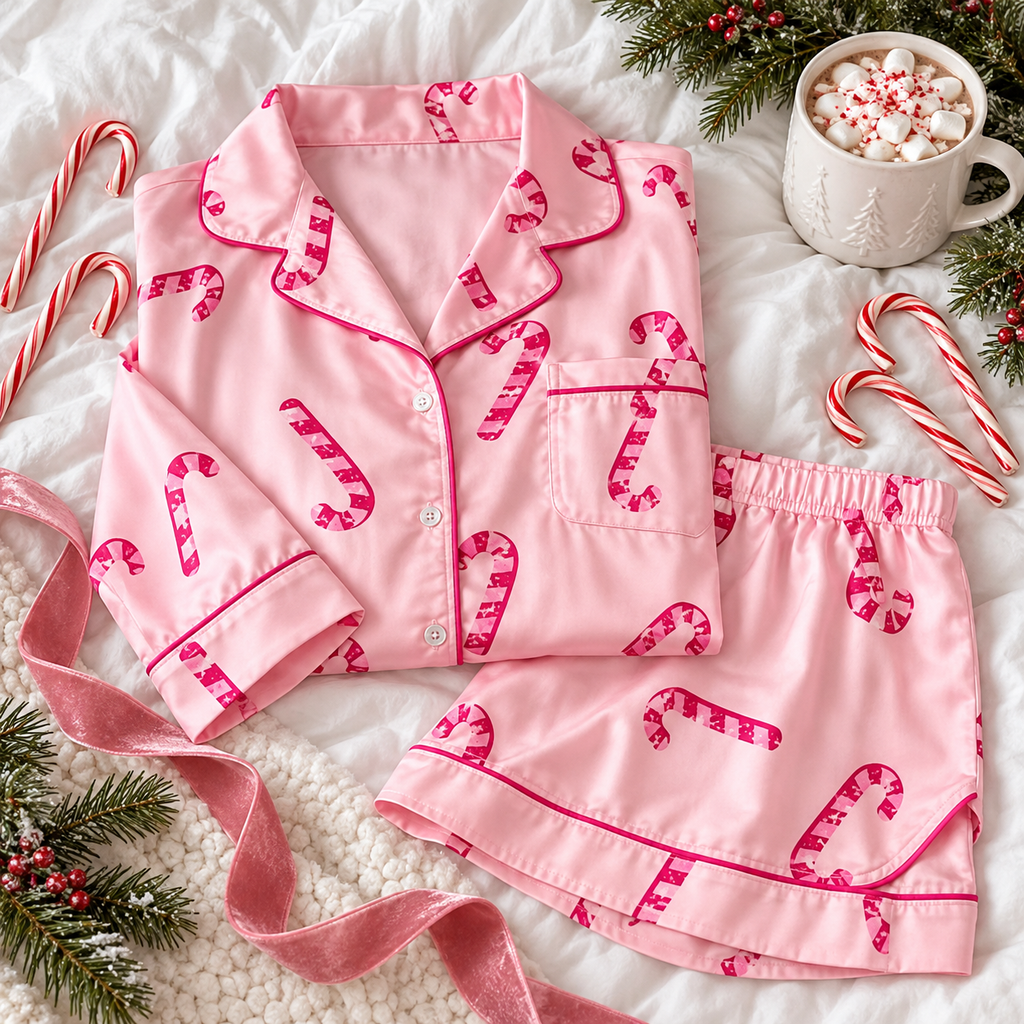 Pink candy cane satin pajama shirt and shorts folded flat with candy canes, pine and a mug of cocoa