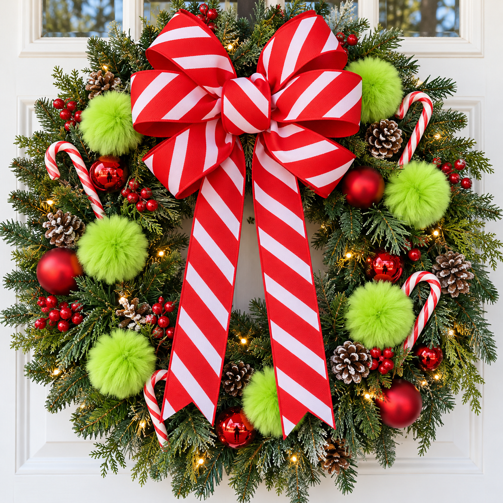 Christmas wreath with a big red and white candy stripe ribbon bow and lime green pom-poms