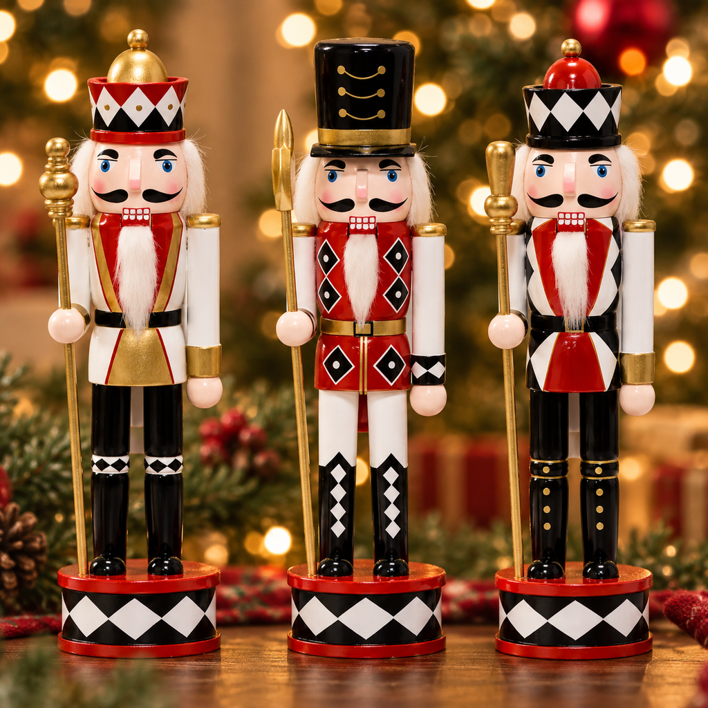 Close-up of three red, white and black nutcrackers with gold scepters and checkered bases in front of Christmas lights