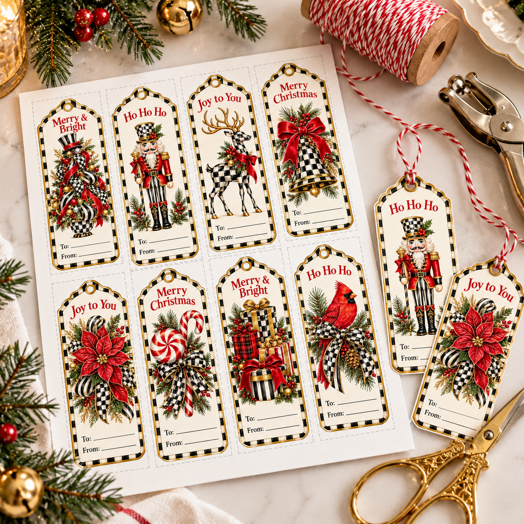 Printed sheet of 8 checkered Christmas gift tags with scissors, hole punch and red and white baker's twine